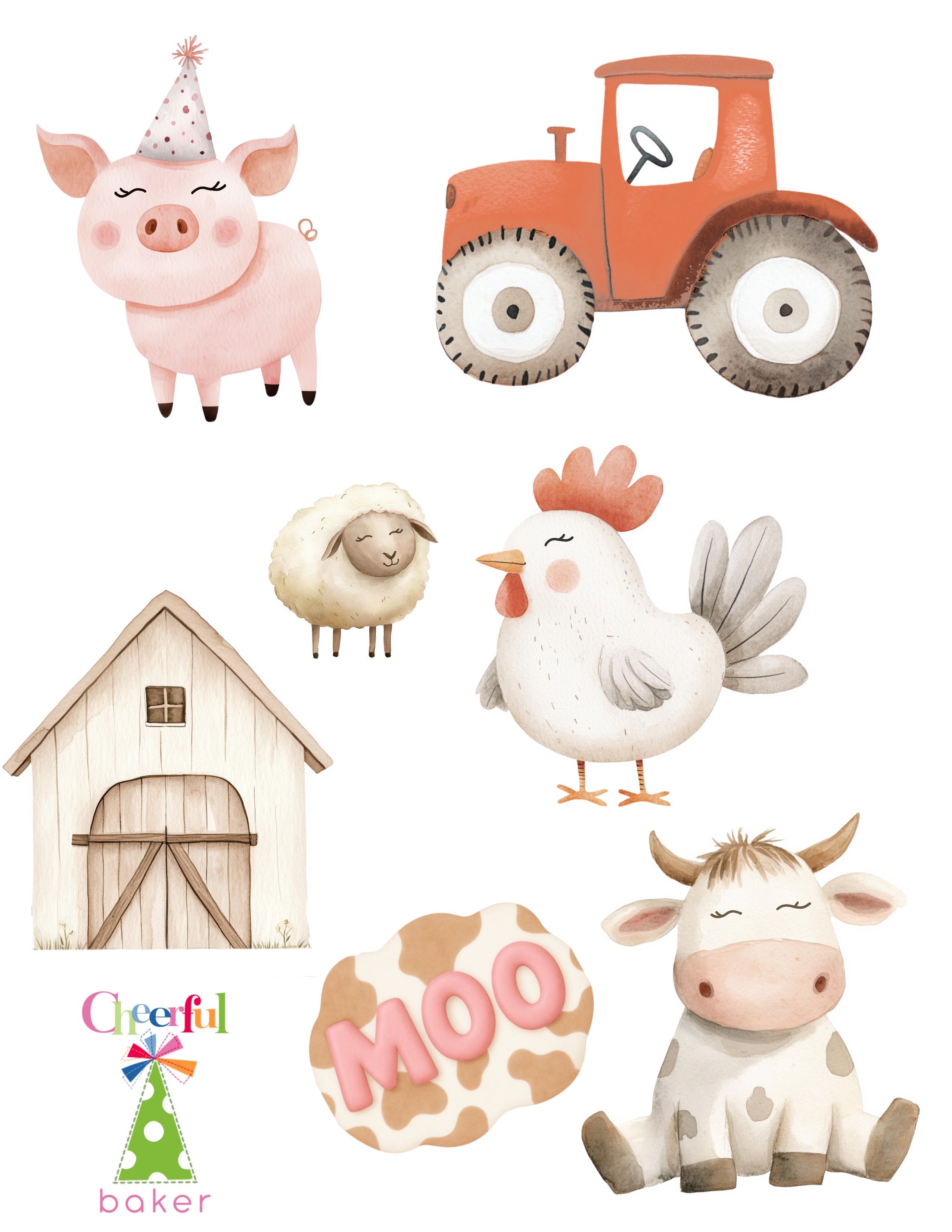 Illustrations of farm animals and a tractor with a barn, featuring the brand 'Cheeky Baker'.