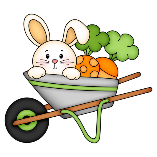 Easter bunny with a wheelbarrow full of carrots cutter