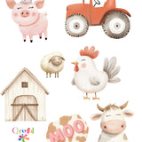 Illustrations of farm animals and a tractor with a barn, featuring the brand 'Cheeky Baker'.