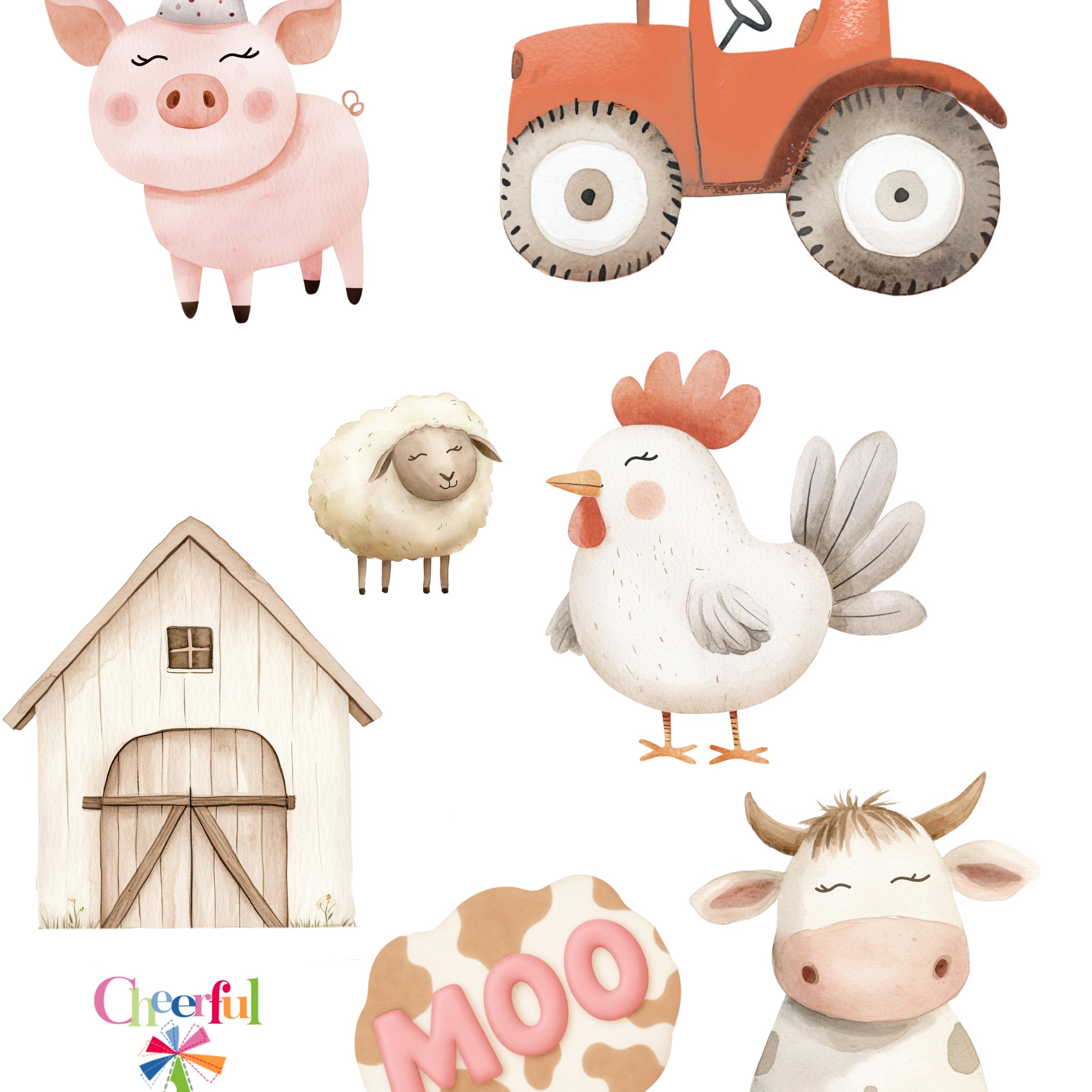 Illustrations of farm animals and a tractor with a barn, featuring the brand 'Cheeky Baker'.