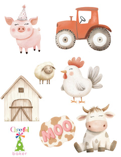 Illustrations of farm animals and a tractor with a barn, featuring the brand 'Cheeky Baker'.
