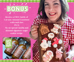 Person holding a wooden board with animal-shaped cookies, surrounded by promotional text and images of LorAnn Almond Emulsion bottles.