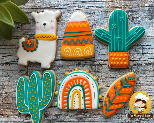 llama and cactus decorated sugar cookies